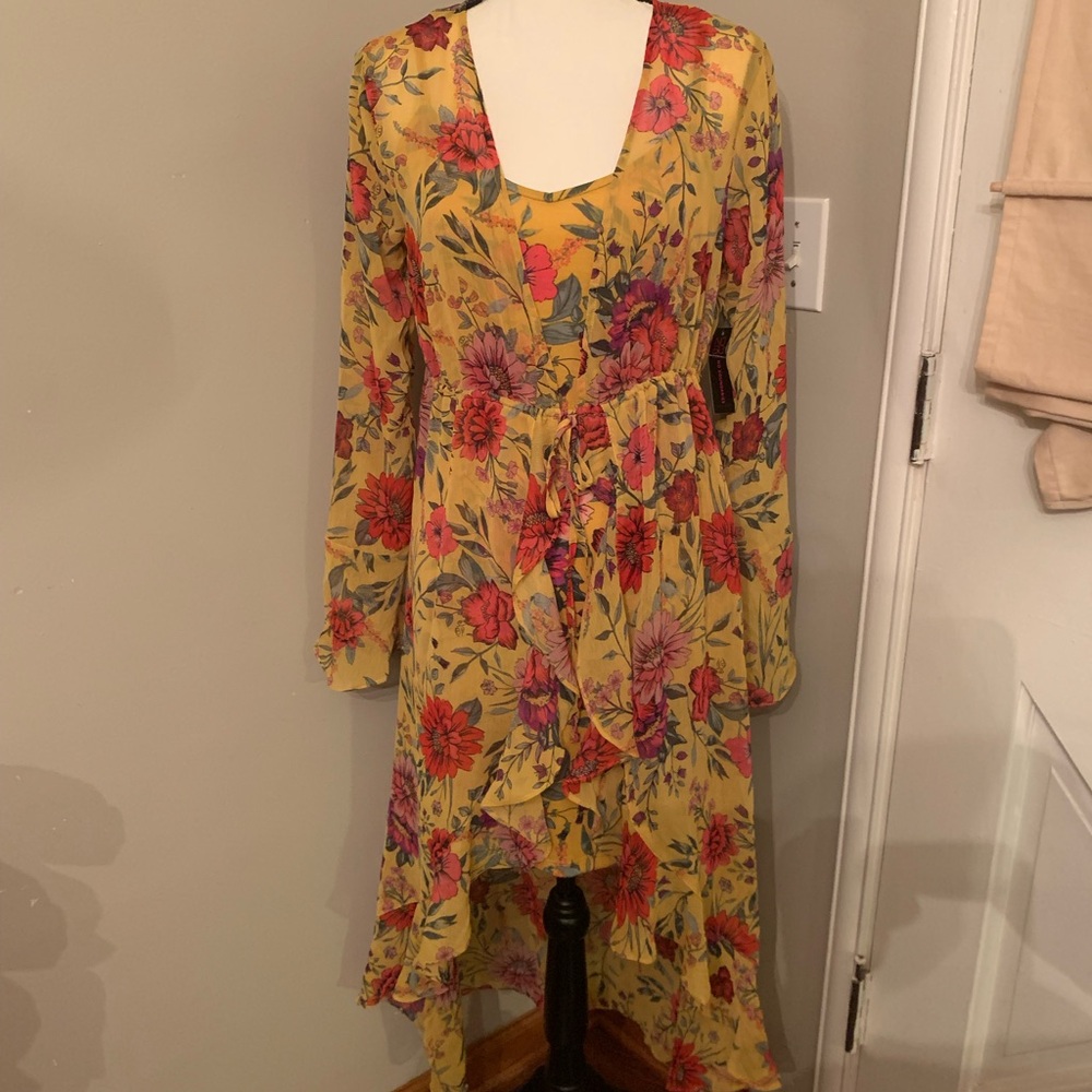 No Boundaries Yellow Floral High-Low Wrap Dress